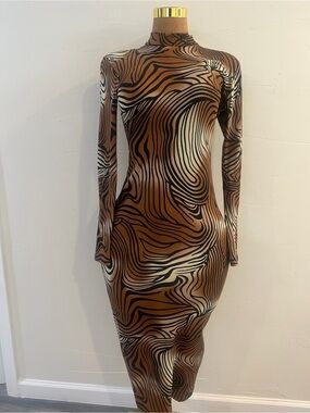 Brown Zebra-Print Long Sleeve Bodycon Dress